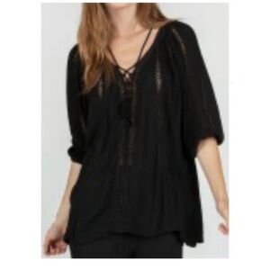 NWT Monoreno Black Petticoat 3/4 Sleeve black Lace Panel Top lace up size M